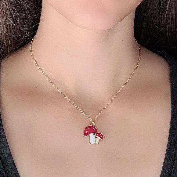 Red and White Cute Mushroom Necklace with Dainty Gold Chain - Picture 2 of 9